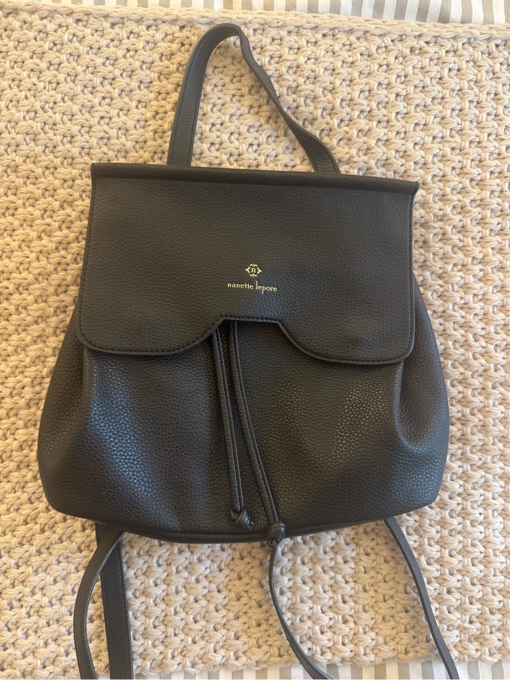 Nanette Lepore Black Pebbled Leather Scallop Flap Backpack